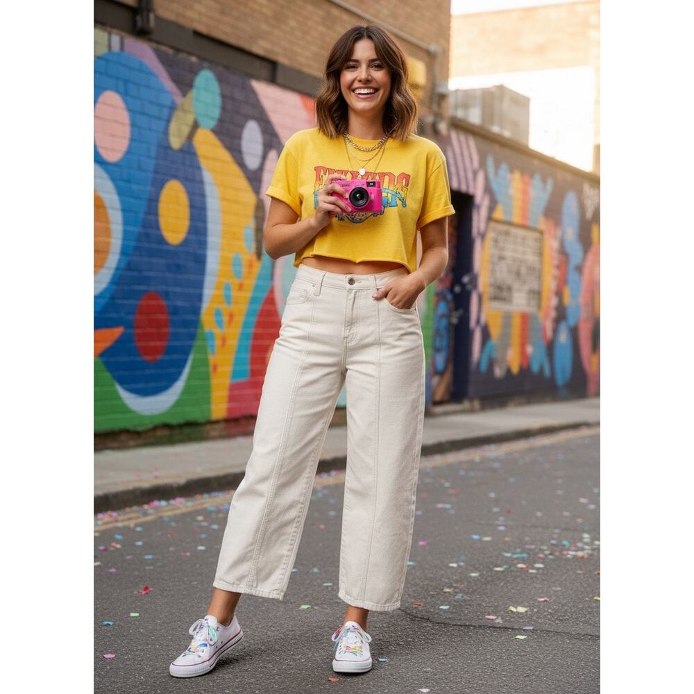 Cream Wide Leg Barrel Jean Spring Summer. Flattering Contrast Seam Stitching 12